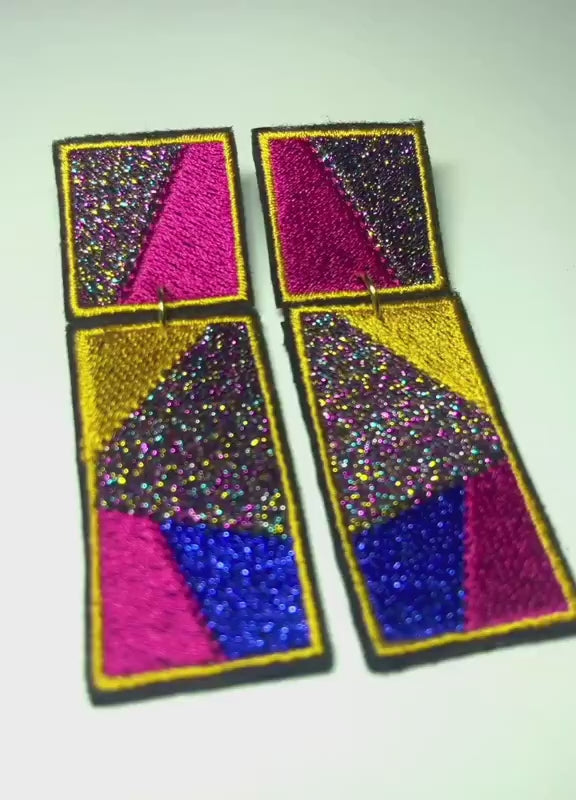 Boucles d'oreilles brodées RITA, coloris Jaune, fuchsia & bleu (vidéo)